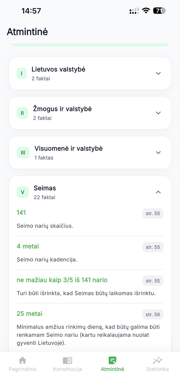 Atmintinės su svarbiausiais Konstitucijos faktais ekranas programėlėje