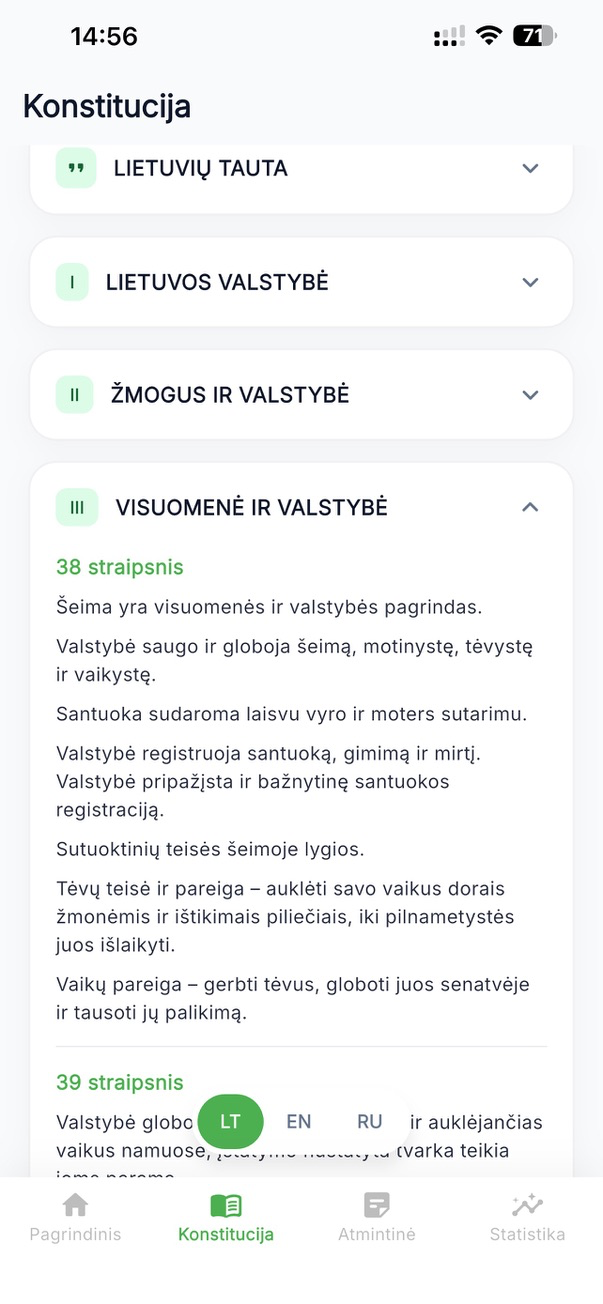 Konstitucijos teksto skaitymo ir vertimo ekranas programėlėje