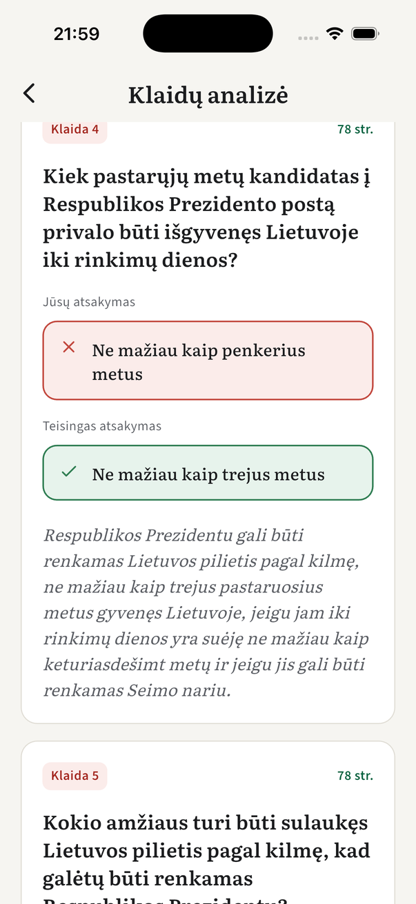 Klaidų analizės ekranas