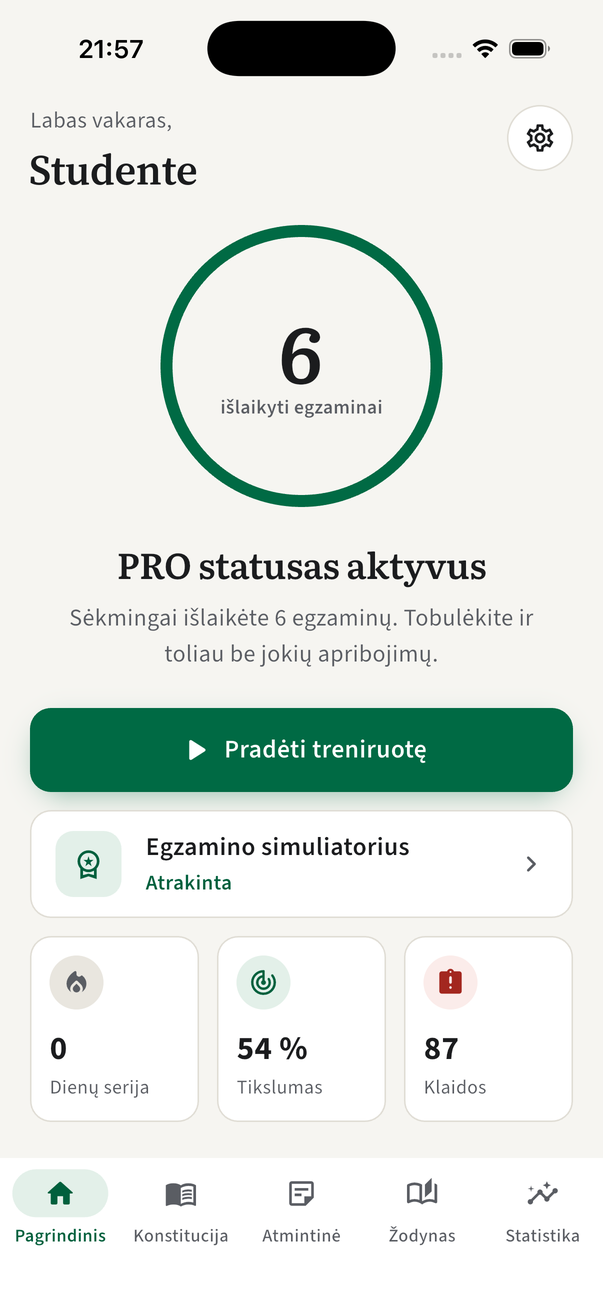 LT Konstitucijos testai programėlės pradžios ekranas