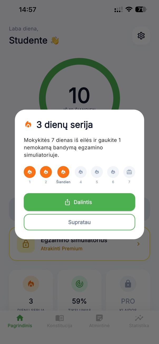 7-day study streak screen in the app