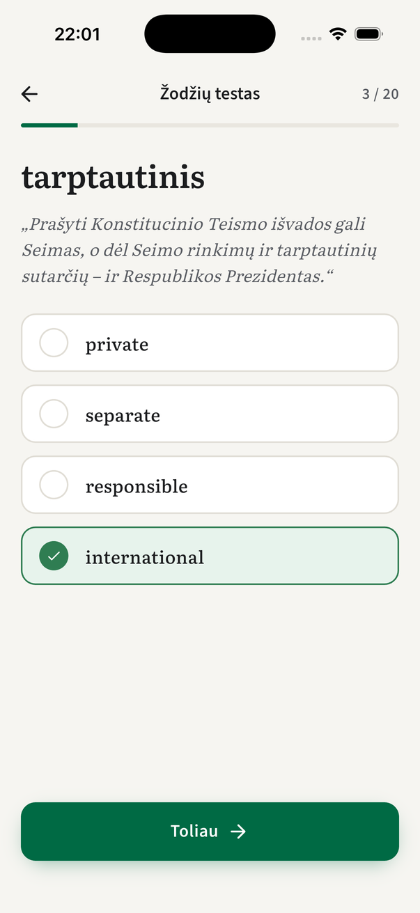 Word quiz screen in the app