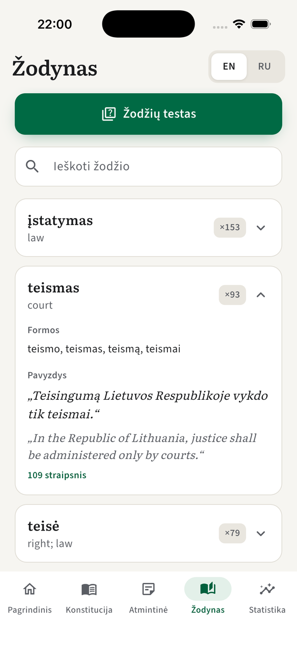 Konstitucijos žodyno su vertimu į anglų ir rusų kalbas ekranas